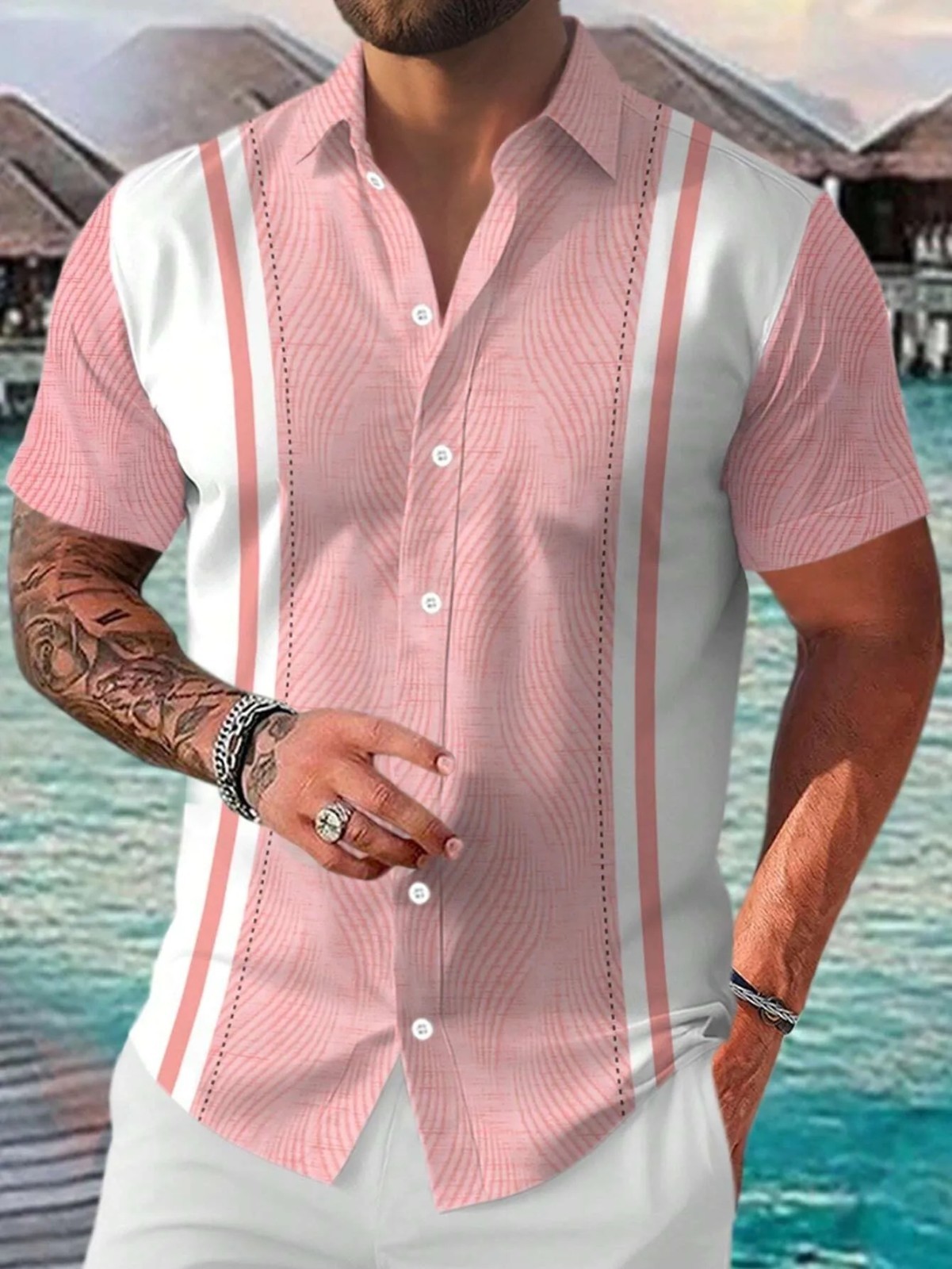 Men's Casual Short Sleeve Guayabera Cuban Beach Wedding Button-up Dress Shirt gallery