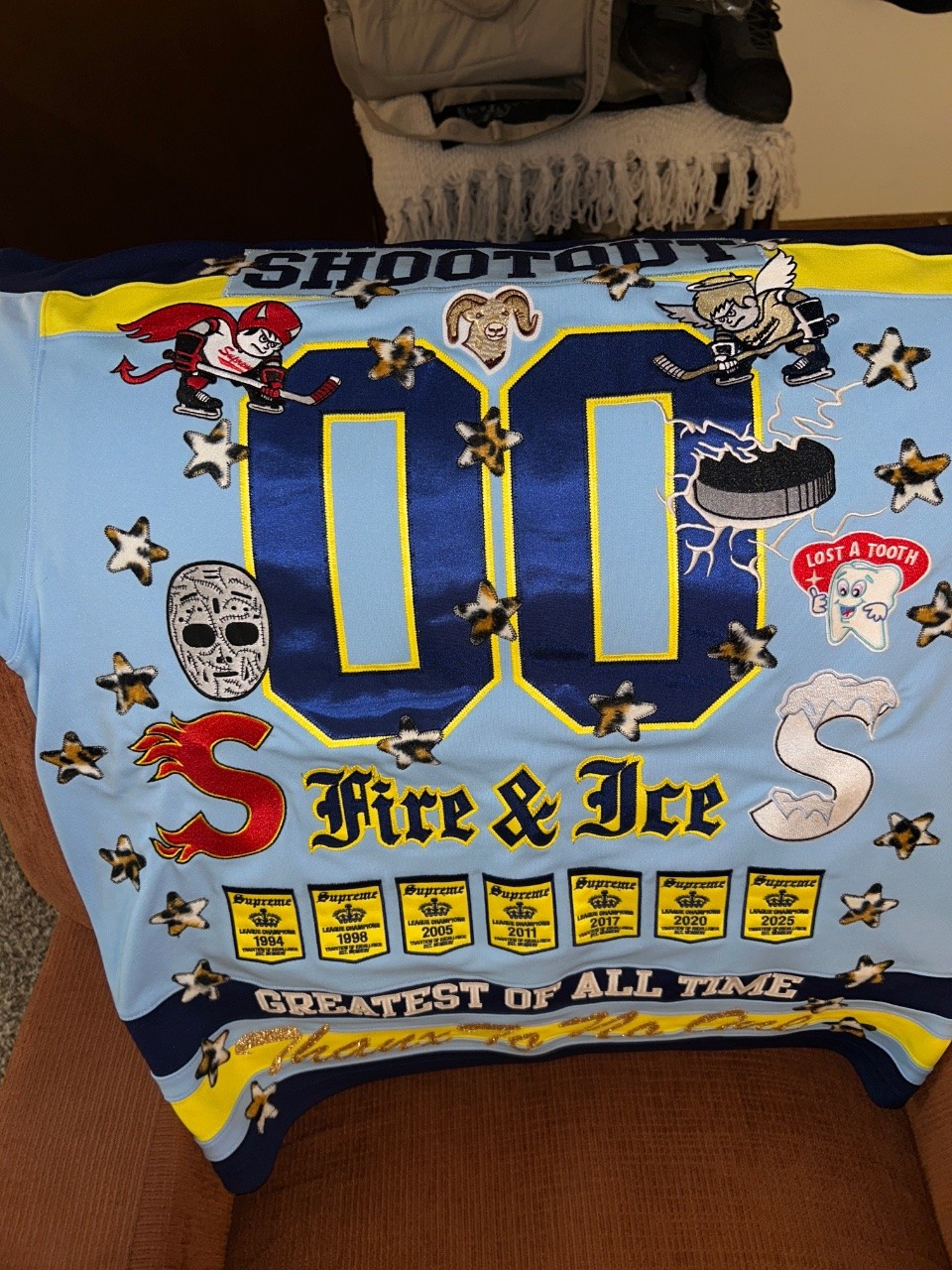 Supreme Patches Hockey Jersey Light Blue/Navy/Yellow (Fire & Ice) Size XL gallery