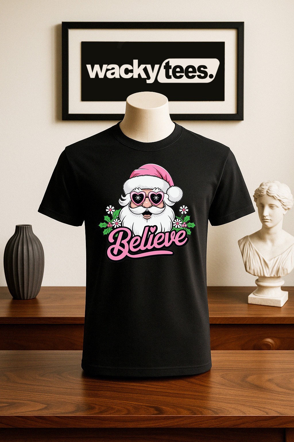 Believe In Santa Claus Pink Hat Holiday Funny Graphic Tee Shirt gallery