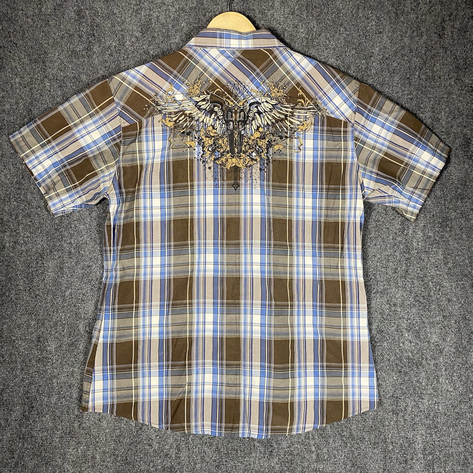 Empra Button Shirt Mens XL Brown Blue Plaid Cotton Y2K Grunge Angel Wings Pistol gallery