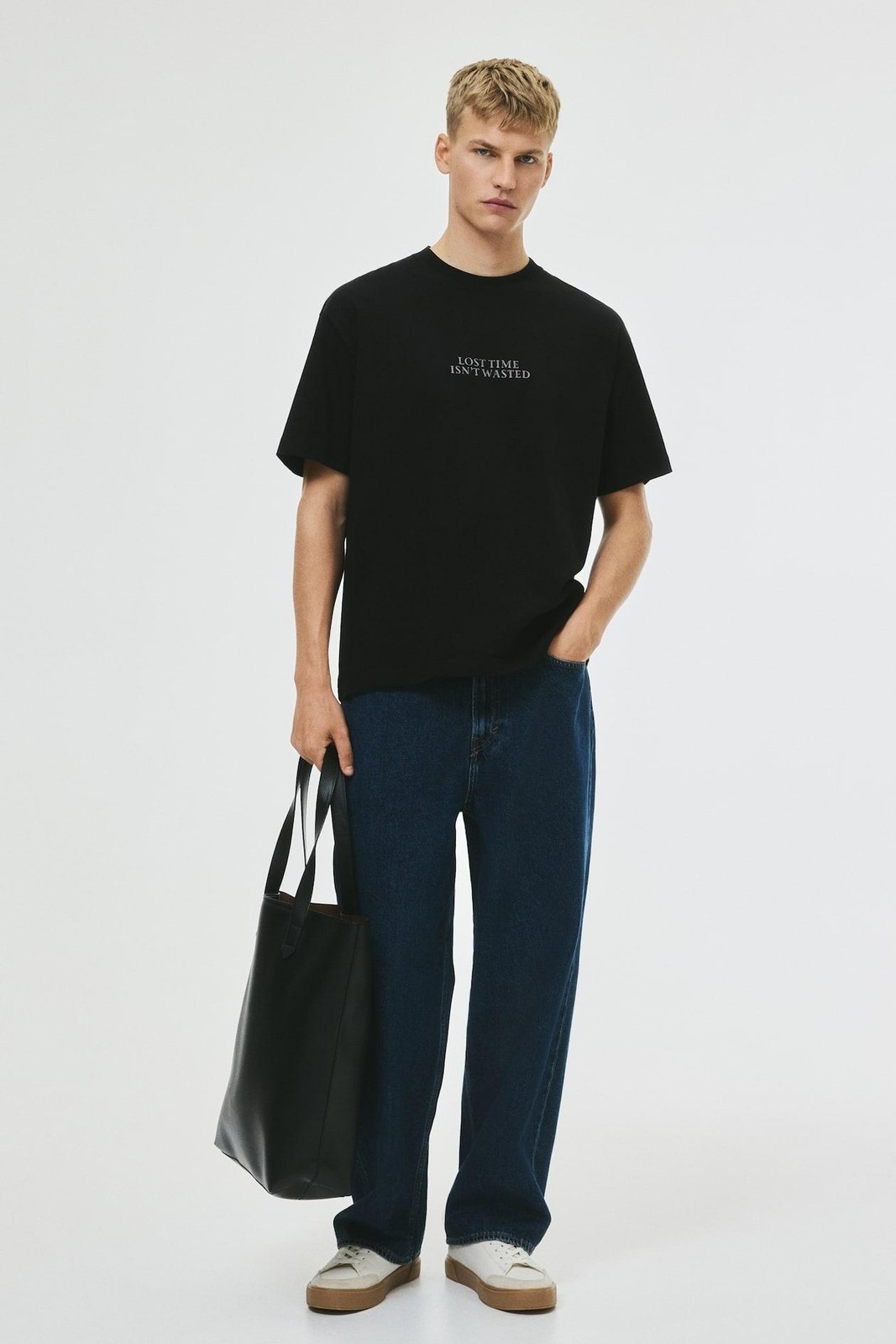 H&M Lost Time Isn't Wasted Shirt Mens Medium Black Graphic Tee Loose Fit NEW M gallery
