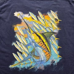 Guy Harvey Tshirt Men Large Blue Short Sleeve Pocket Marlin Fishing Outdoors