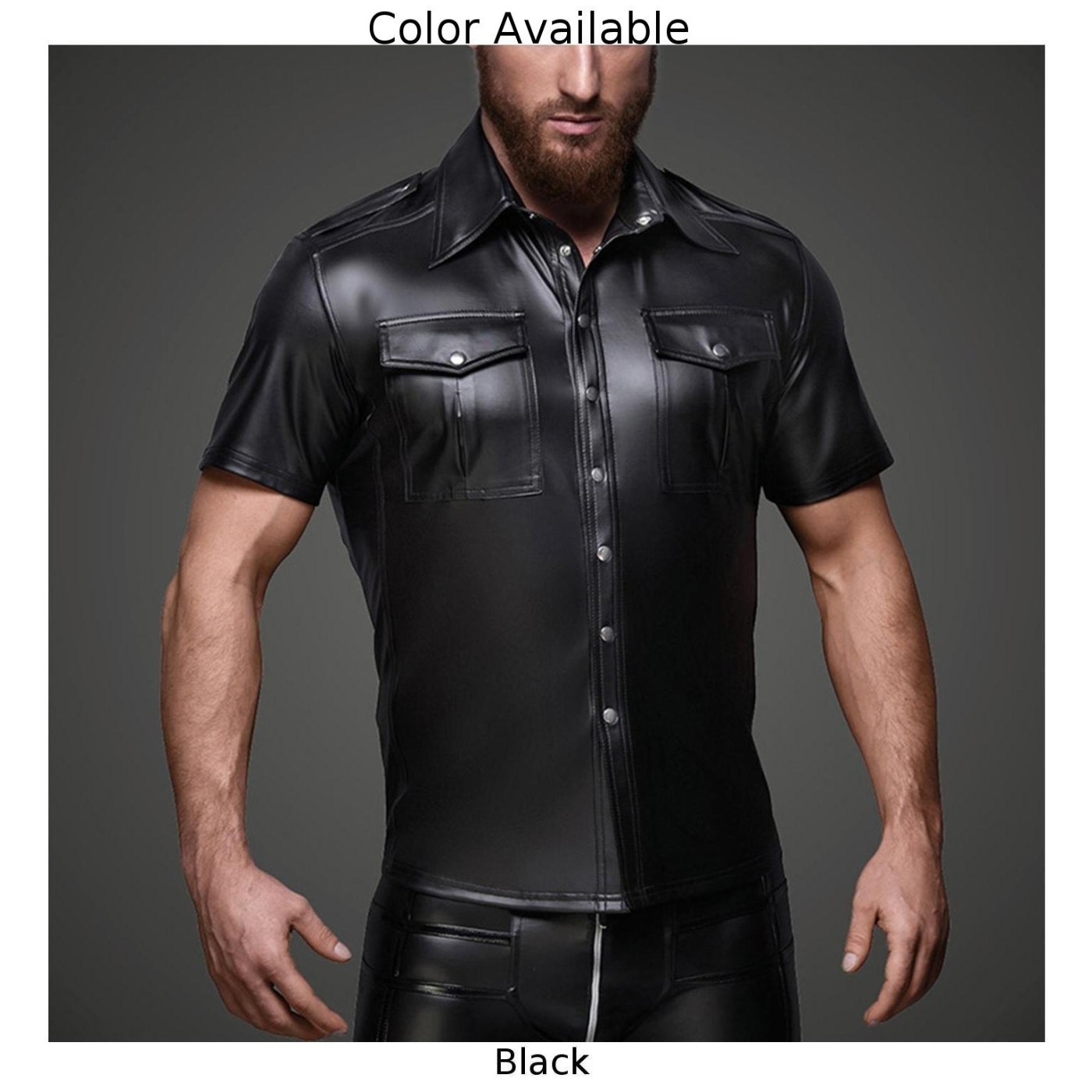 Men Black Faux Leather Short Sleeve Collared Shirt Wet Look Top Blouse gallery