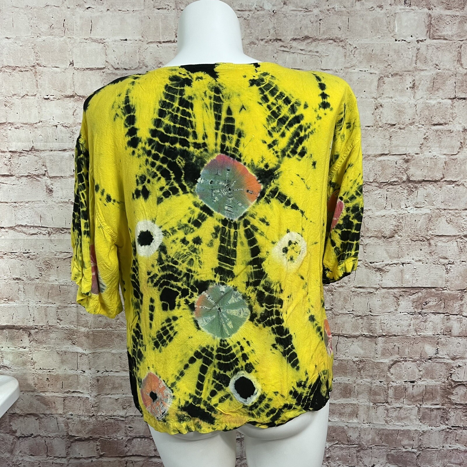 Vintage Tiedye shirt Shoulder Pads Yellow India Women Large Blouse gallery