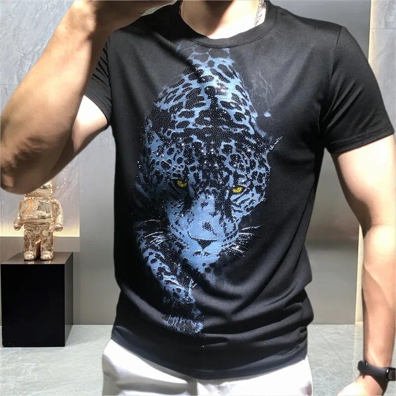 New Men Luxury Leopard Rhinestones Fashion Black White T-Shirt High Quality gallery