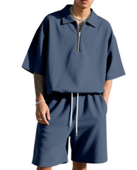 Men 2 Pieces Outfits Casual Quarter Zip Shirt and Shorts Set Summer Hip Hop Sets