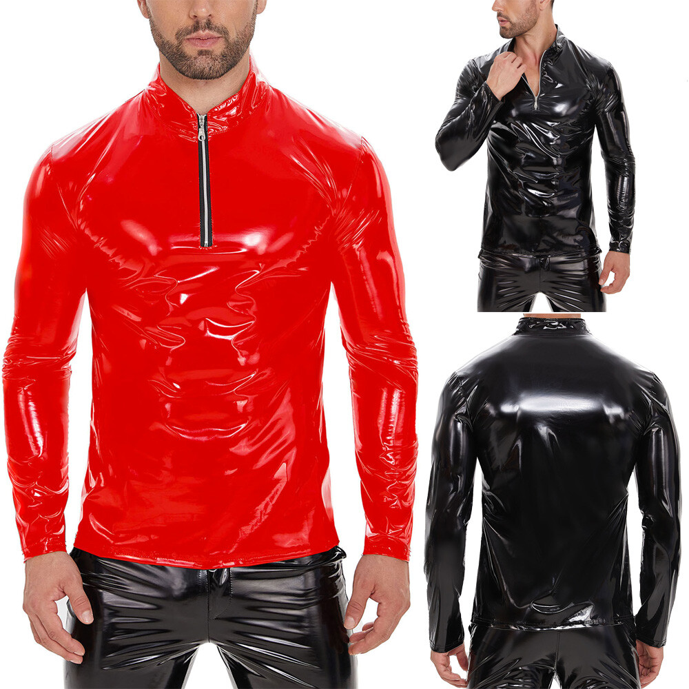 Pvc Leather Sexy Men's T-shirt Long Sleeve Top Zipper Fitness Muscle Men's Top gallery