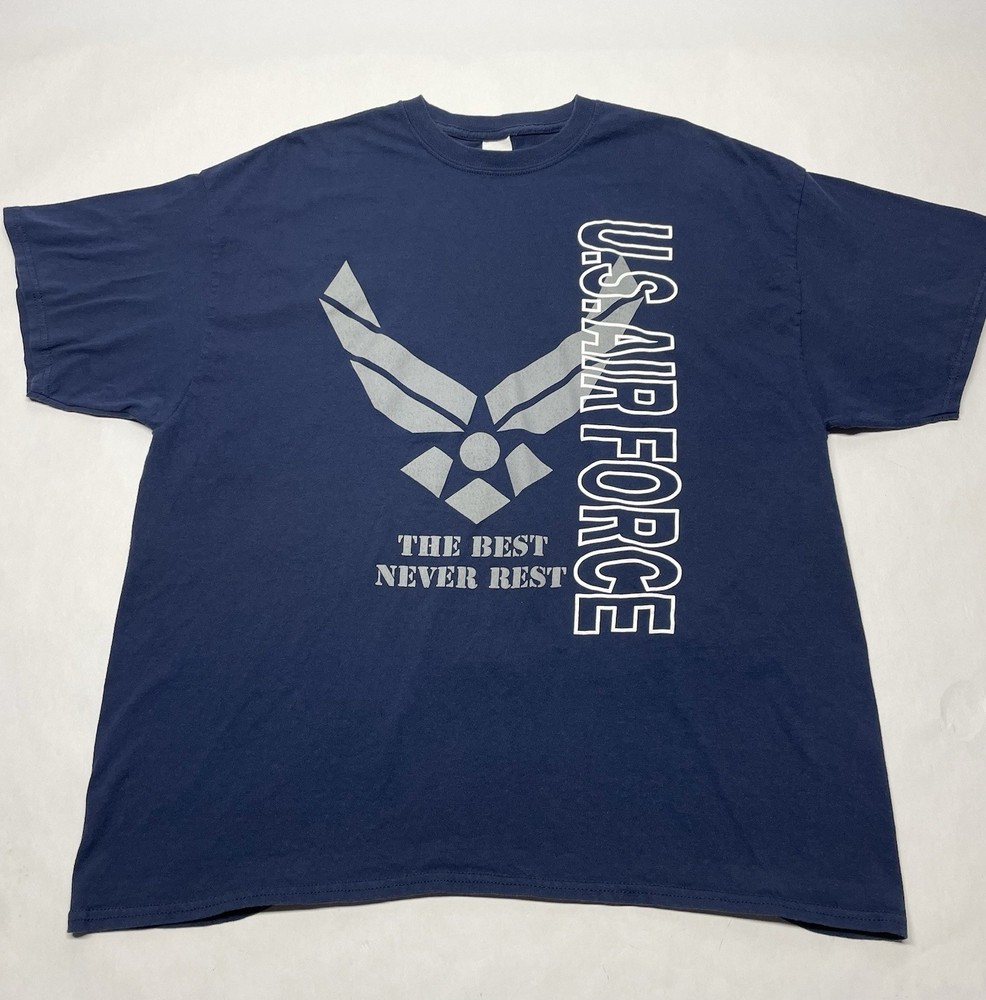 US Air Force Navy Blue Graphic Crew T Shirt The Best Never Rest Sz 2XL Military