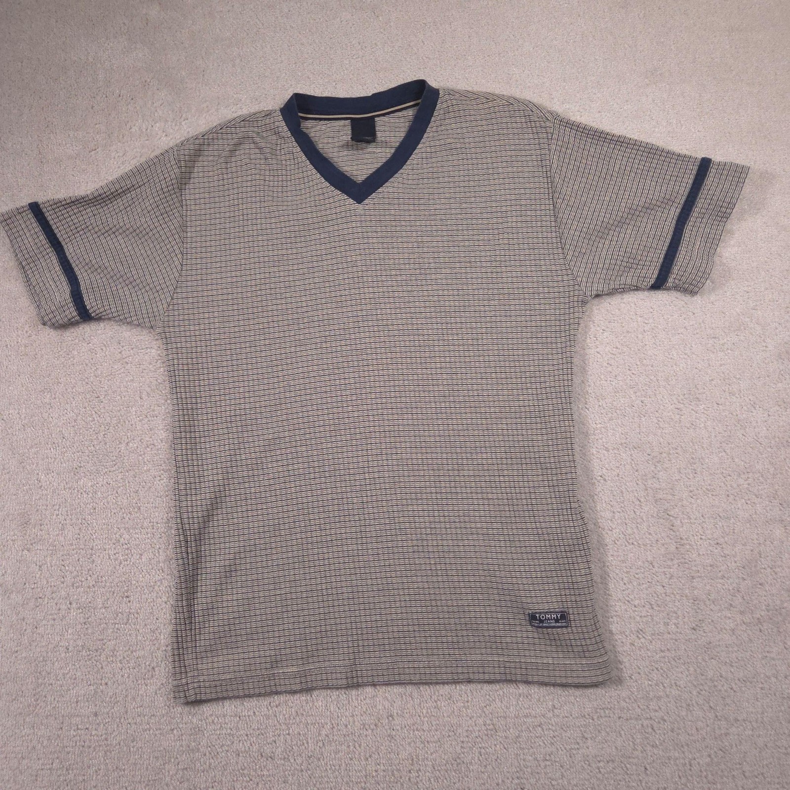 Tommy Jeans Shirt Mens XL Gray Stripe V-Neck Ringer Short Sleeve Tee Casual gallery