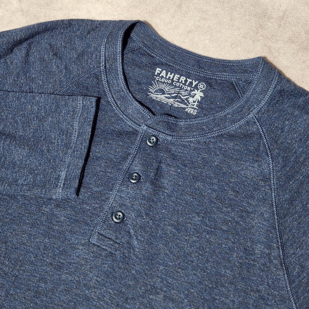 Faherty Cloud Cotton Henley Mens XL Navy Blue Heather l/s Raglan Shirt Pima