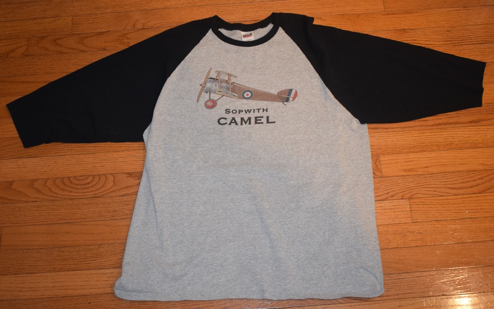 Sopwith Camel Biplane Airplane T-Shirt Gray / Black 3/4 Sleeve – XXL – Anvil