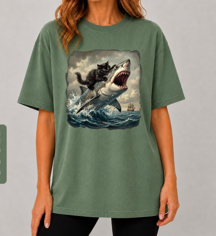 Black Cat Biting Shark Shirt, Funny Cat Lover Tshirt, Epic Graphic Tee gallery