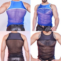 Sheer Mesh Patchwork Tank Top Men Sleeveless Crew Neck Shirt Singlets Clubwear