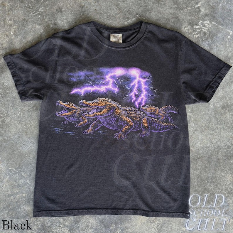 Vintage 90s Alligator Lightning Graphic T-Shirt Retro Gator Swamp Tee gallery
