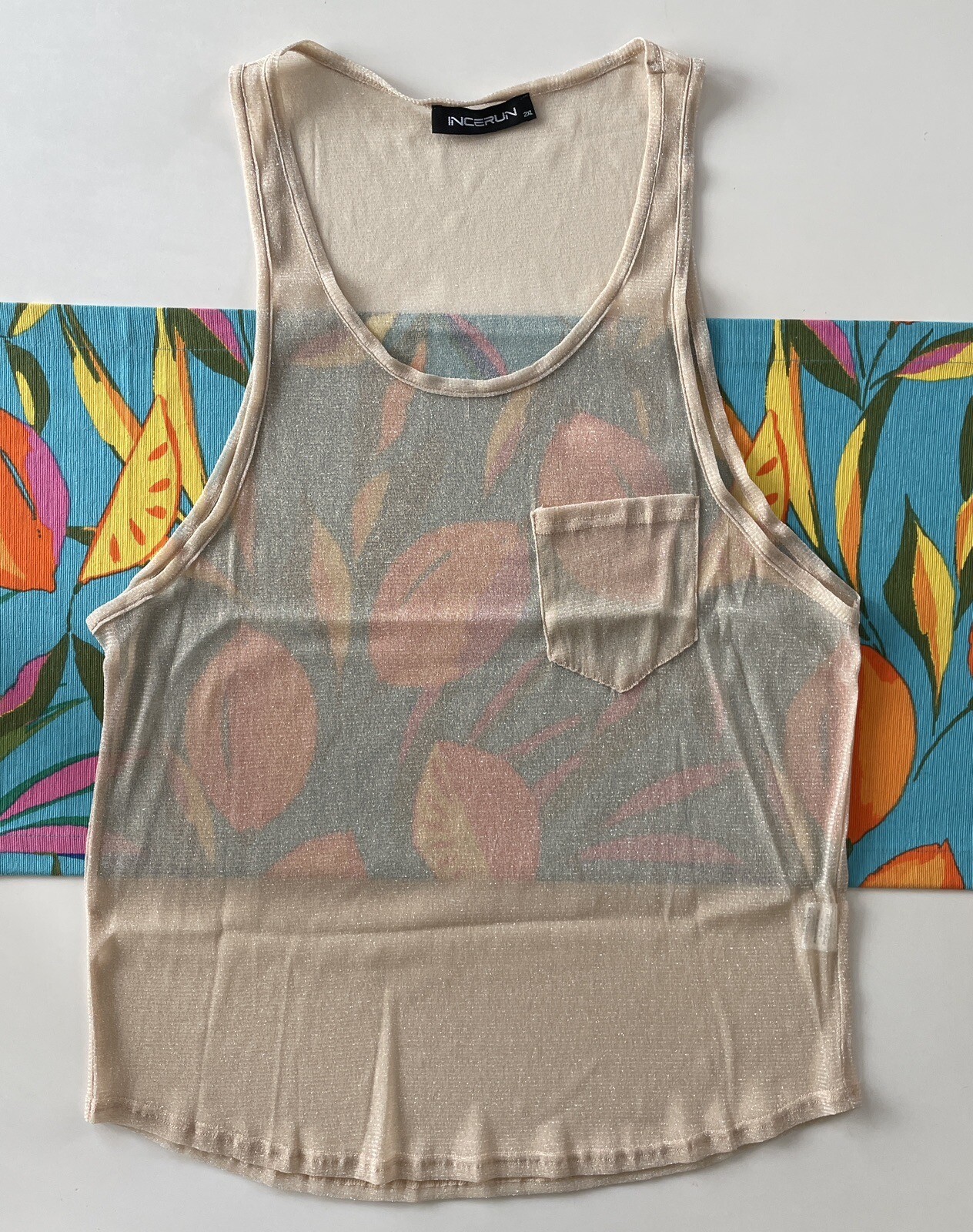 INCERUN Men's Gold Size XL Scoop Neck Sheer Mesh Metallic Pocket Tank Top gallery