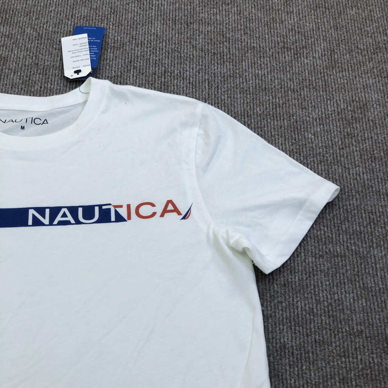 Nautica Shirt Mens Medium White Logo Stripe Graphic Tee Tagless Nautical gallery