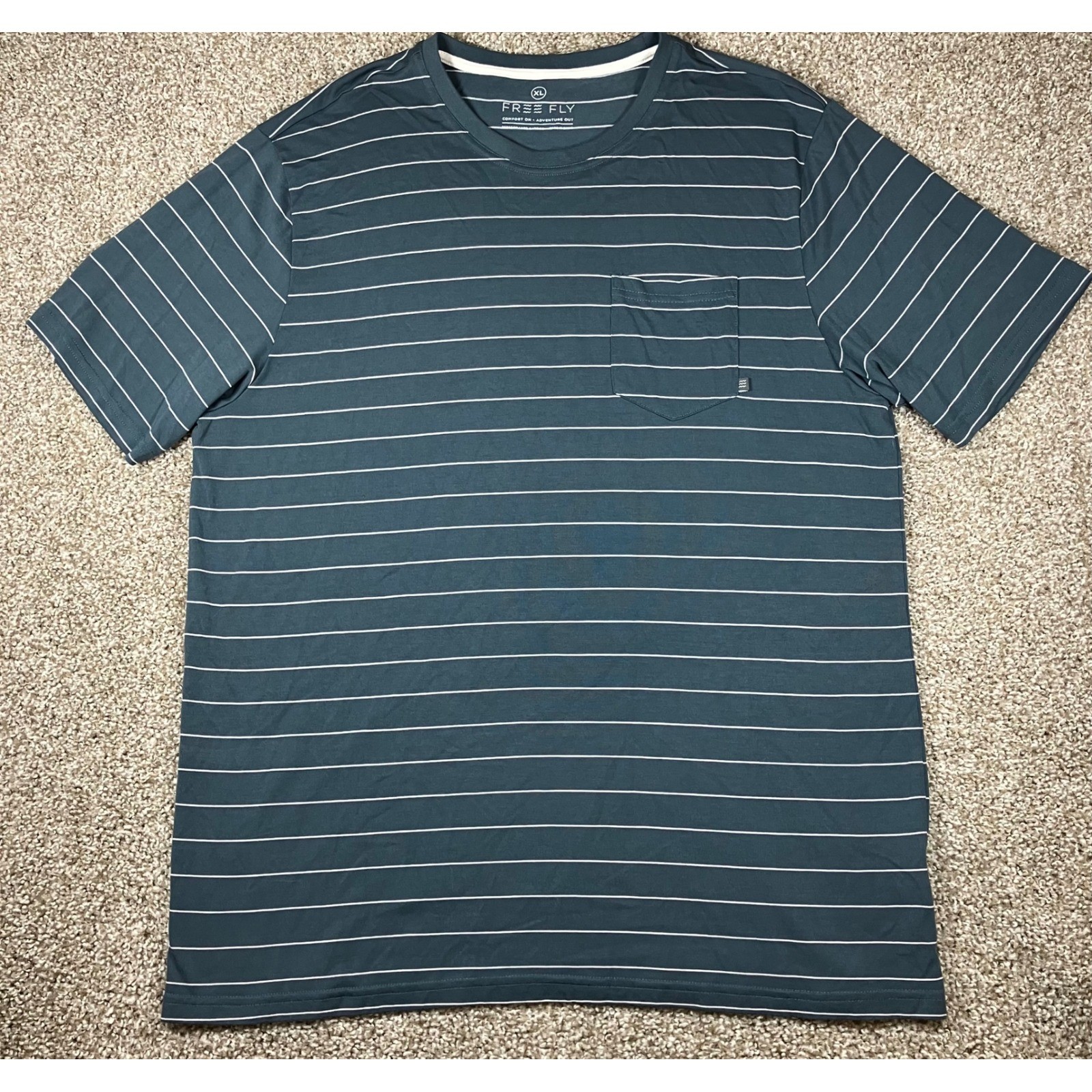 Free Fly Mens XL Bamboo Performance Striped Pocket T-Shirt Blue White Crew Neck