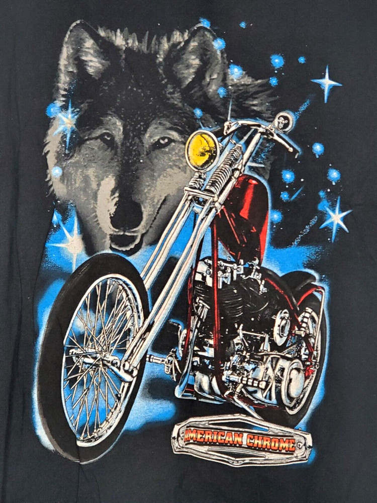 Vtg American Chrome Biker Motorcycle Wolf T Shirt Y2K 80’s 90’s Mens 2XL