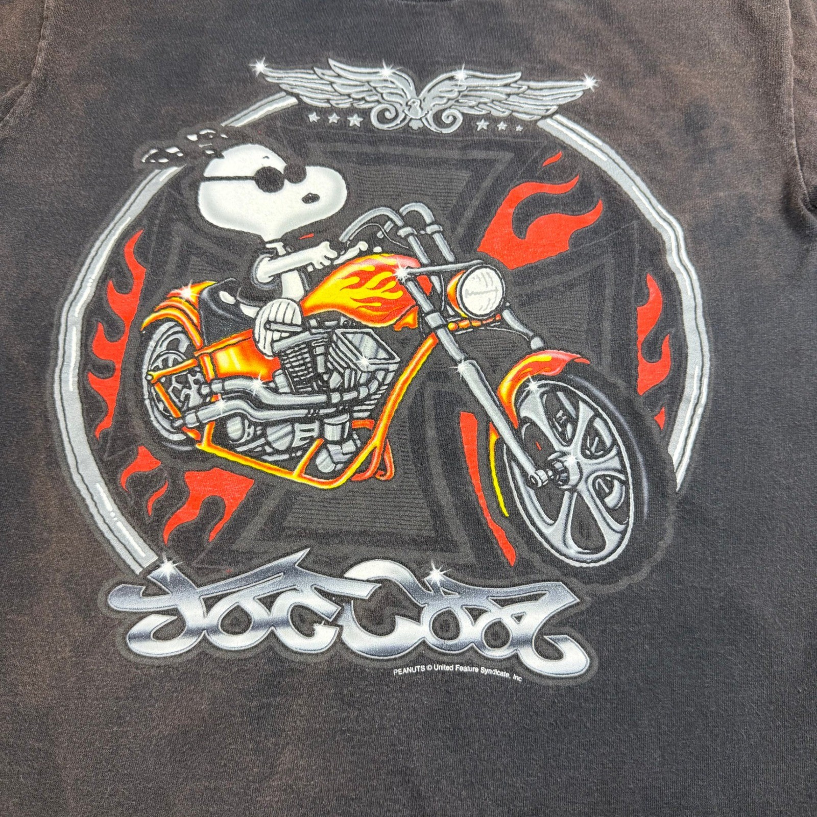 Vintage Peanuts Joe Cool Snoopy Biker Motorcycle Graphic T-Shirt Black Mens M gallery