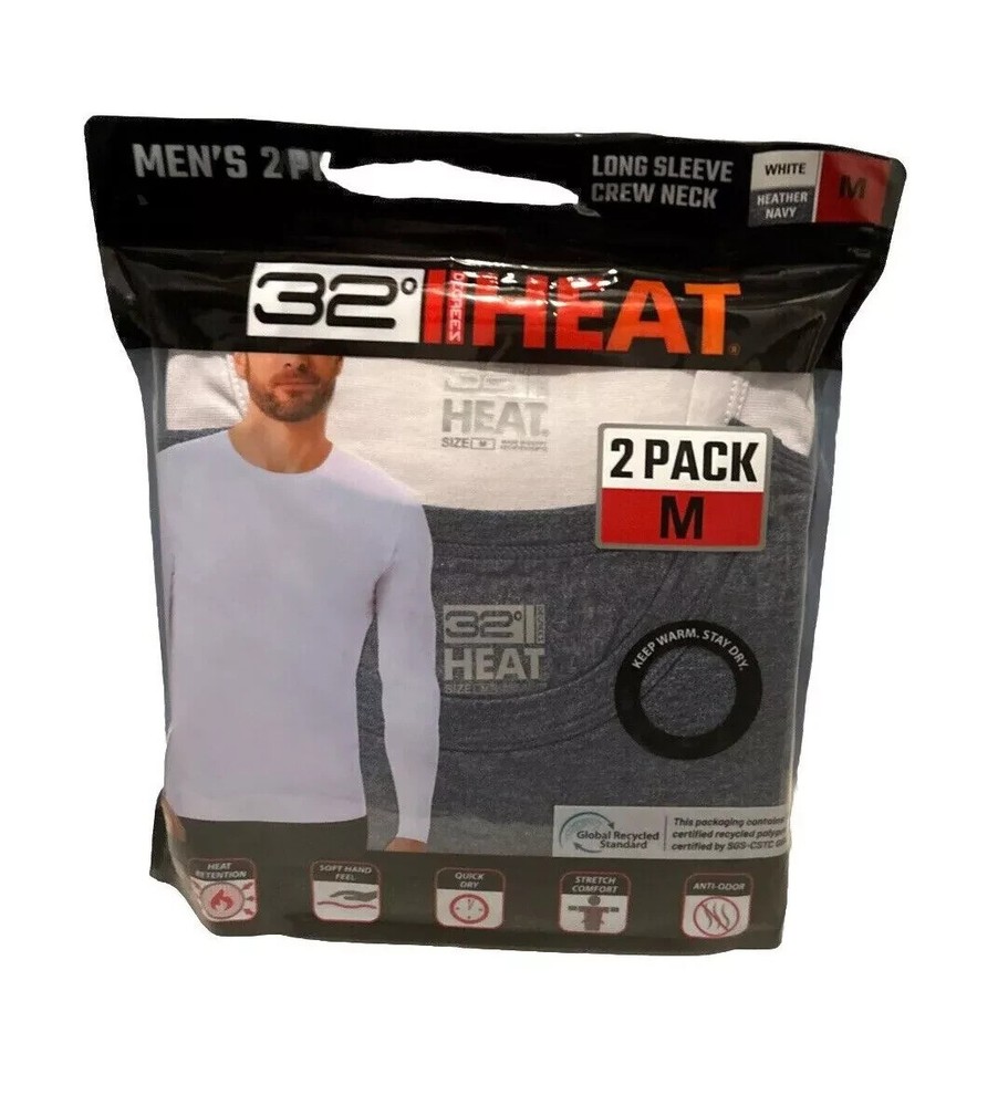 32 Degrees Men’s Long Sleeve Crew Neck Tee 2-PK White/Heather Charcoal M (301)