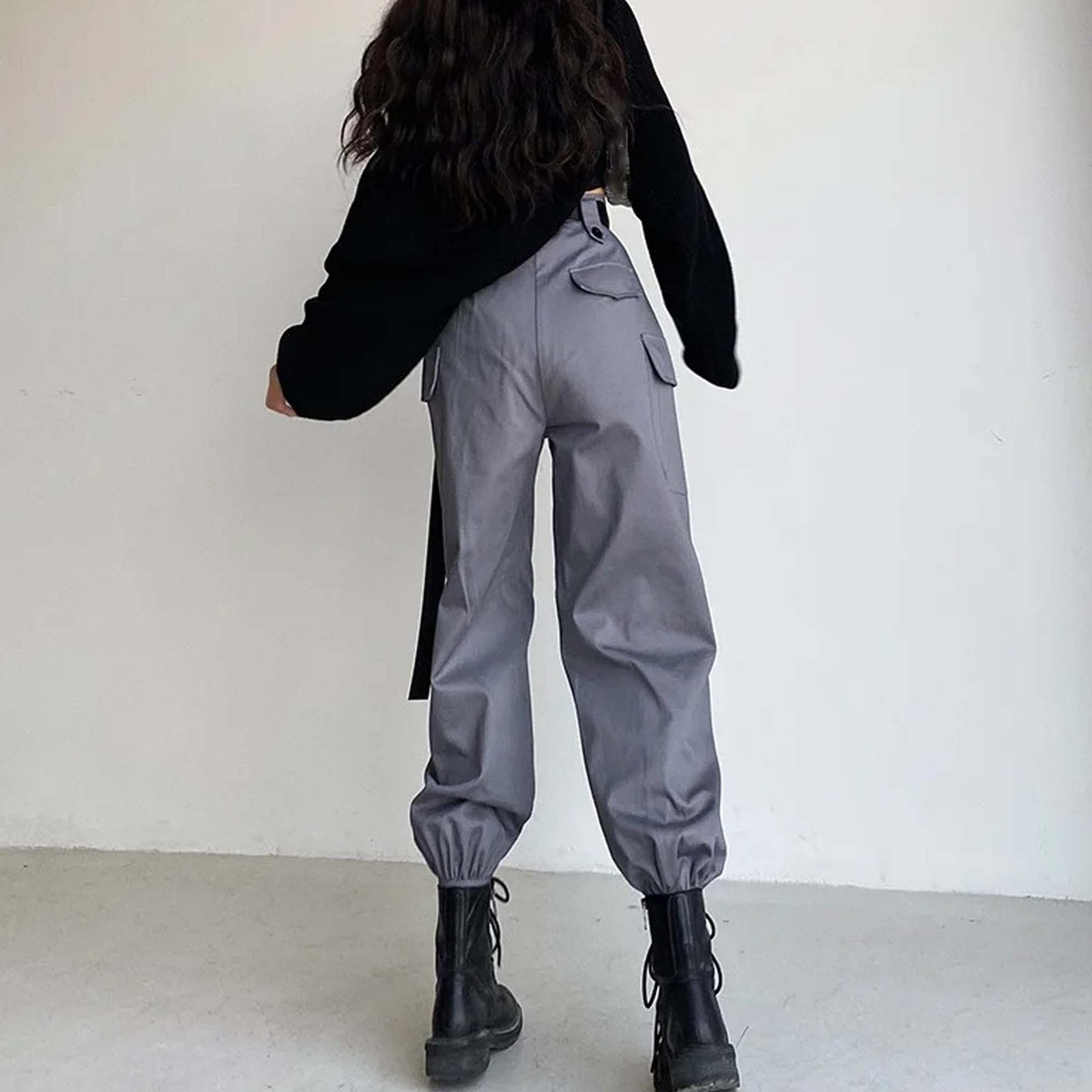 High Waist Solid Color Large Pocket Cargo Pants Women Loose Bundle Foot Ribbon gallery