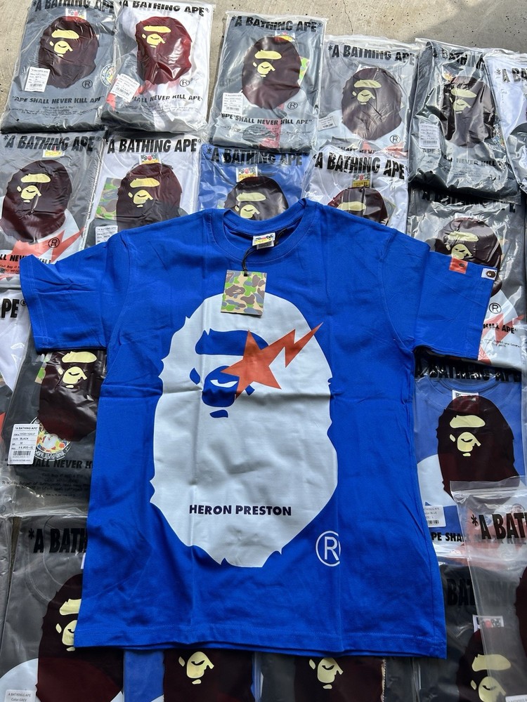 A Bathing Ape x Heron Preston Men’s Blue Graphic Logo Cotton T-Shirt size Large