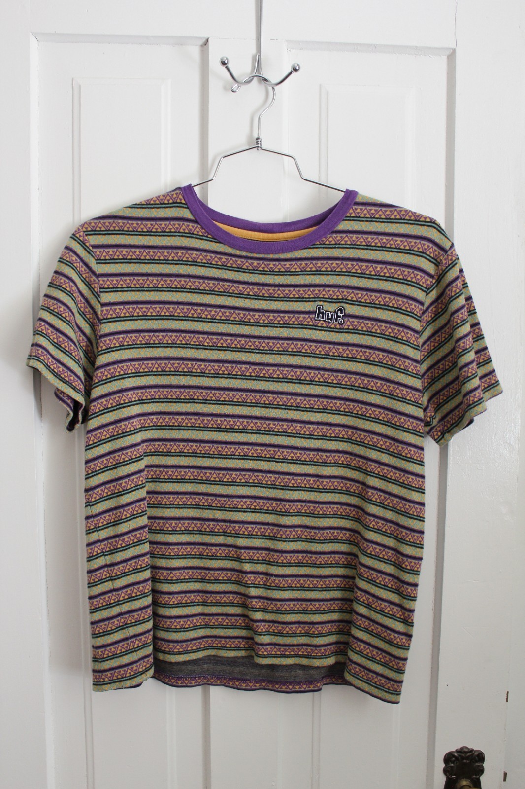 Huf Woven Stripe T-Shirt Mens Crew Neck Pullover Size MEDIUM Geometric Designs gallery