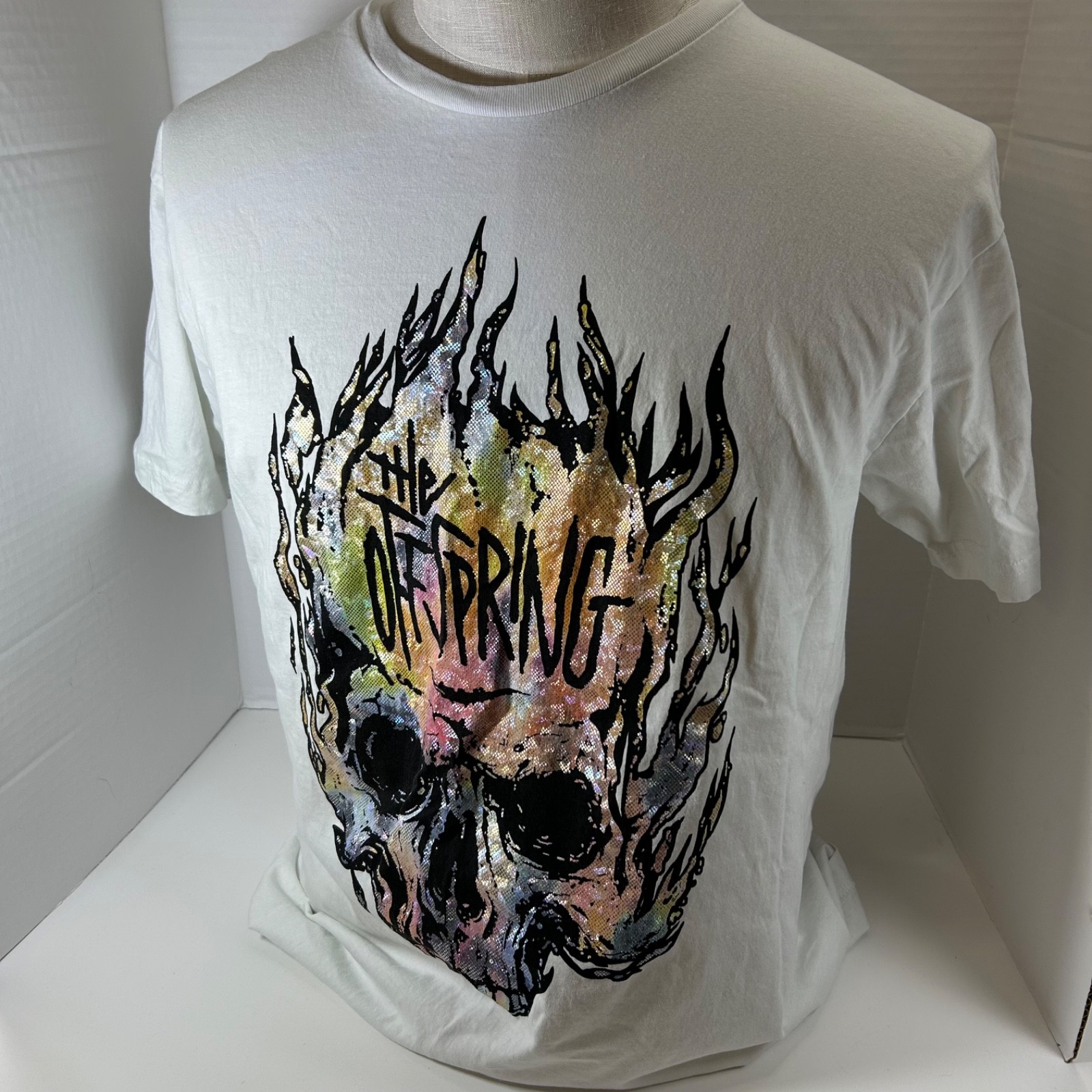 OFFSPRING Colorful Flaming Skull Shirt Mens White XL PUNK ROCK Music Used gallery