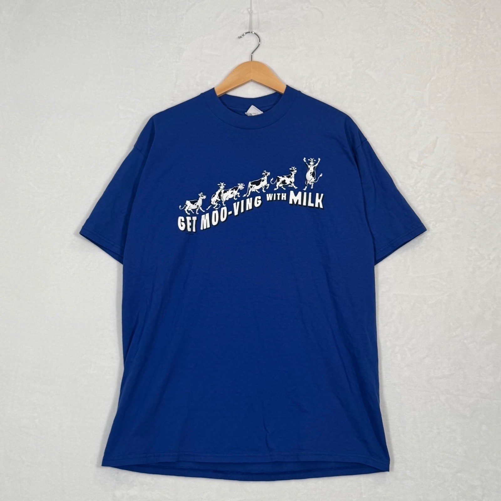 Vintage 90s Funny Jerzees Blue Get Moo-ving With Milk Graphic T-Shirt Large gallery
