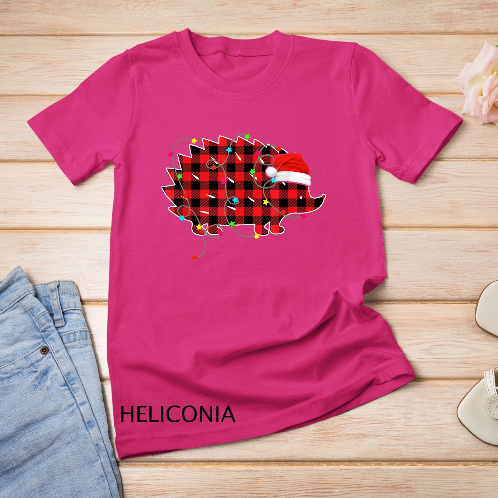 Funny Hedgehog Christmas Tree Red Plaid Xmas Animals Lover Unisex T-shirt gallery