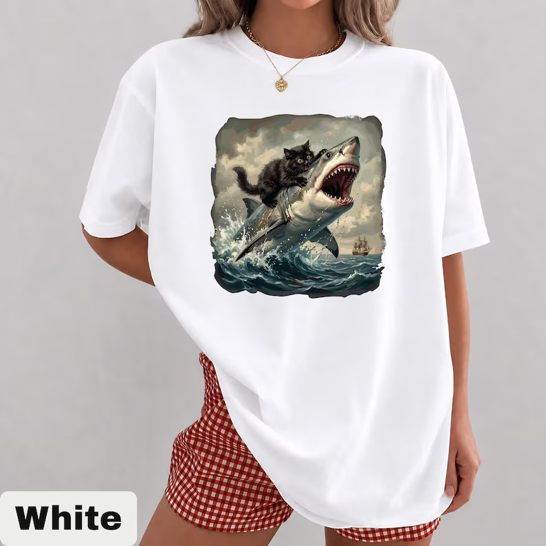 Black Cat Biting Shark Shirt, Funny Cat Lover Tshirt, Epic Graphic Tee gallery
