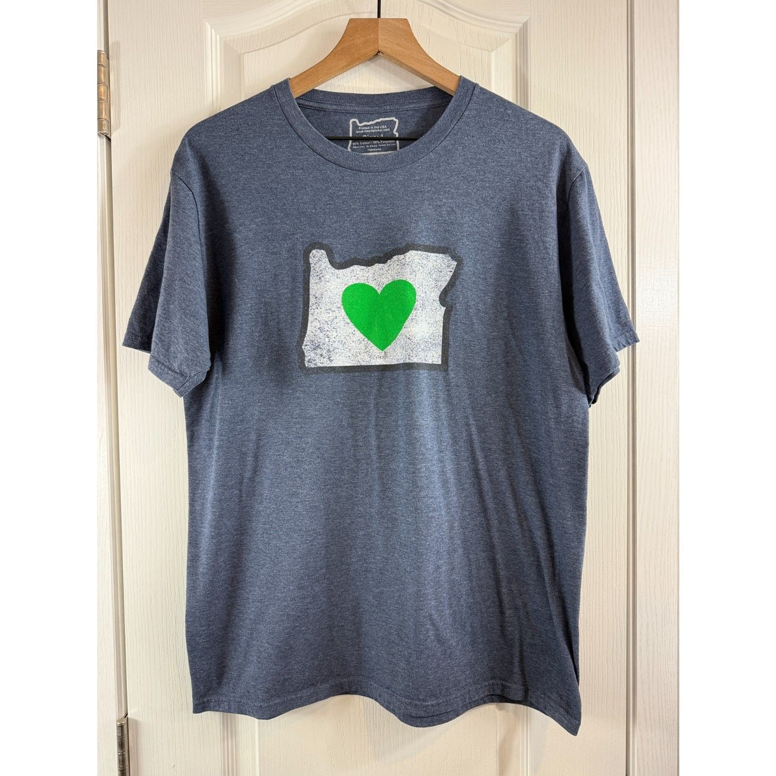 Love Oregon Green Heart Heather Blue Cotton Poly Blend T Shirt Adult Size L