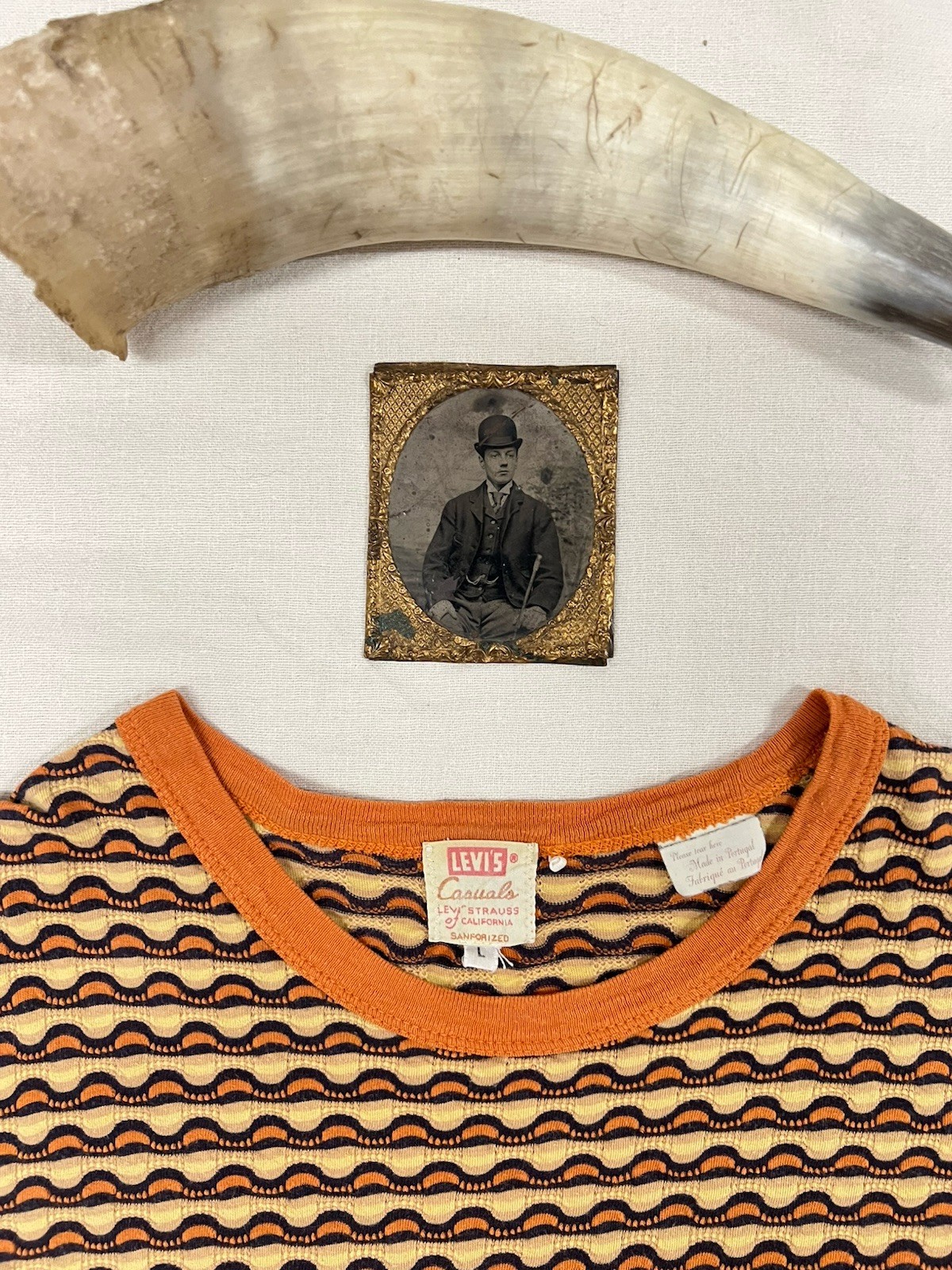 LVC T-Shirt L Levi's Vintage Clothing Casuals Orange Ringer Wave Pattern Stripe gallery
