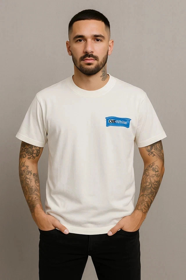 Off White White Blue Logo T-Shirt Men’s Oversized Streetwear 100% Cotton gallery