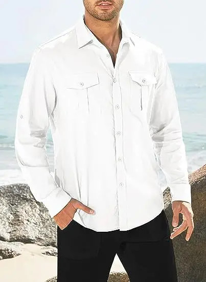 Men’s Cotton Linen Double Pocket Shirt Breathable Casual Smart Fit Holiday Gift gallery