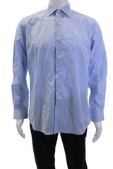 Massimo Dutti Men Light Blue Checked Cotton Point Collar Dress Shirt Size 41