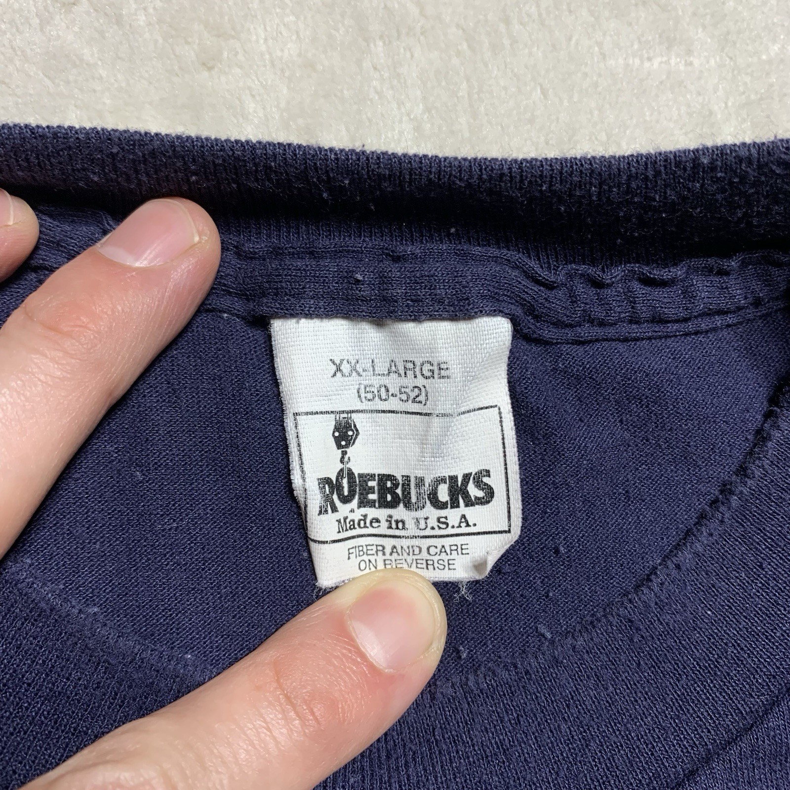 Vintage 90s Roebucks Selvedge Pocket T-Shirt XXL Navy Blank Single Stitch USA gallery
