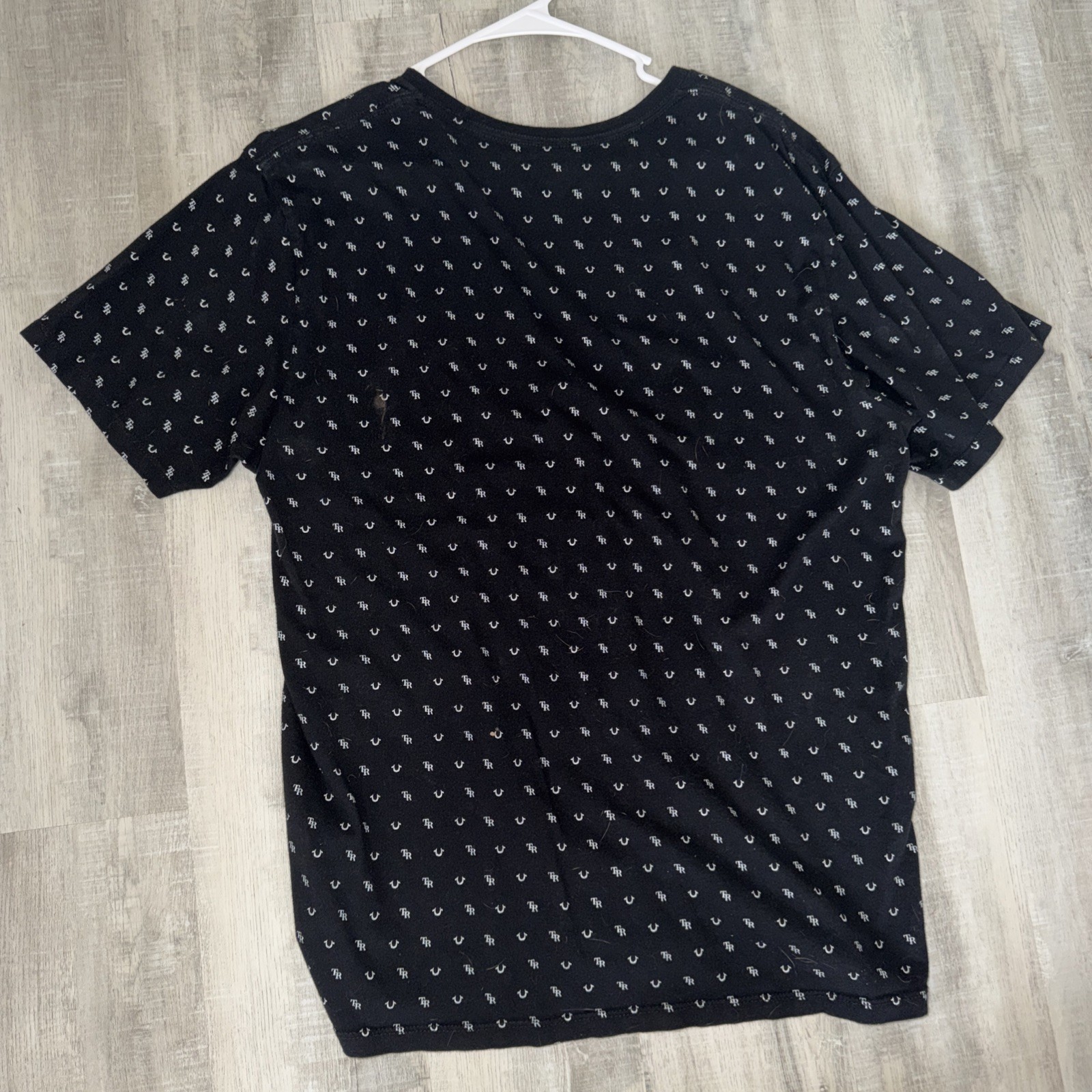 True Religion T-Shirt Mens Medium Black Gold All Over Monogram Signature Logo gallery