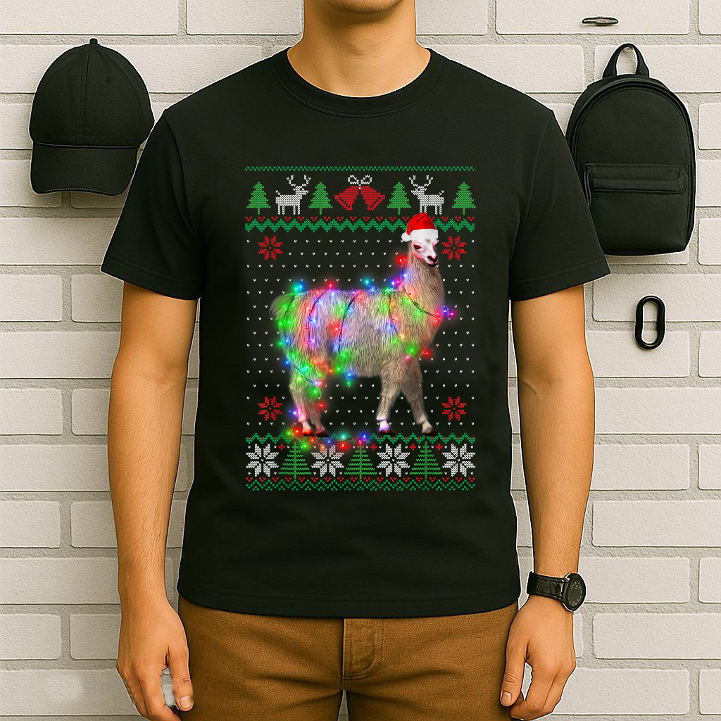 Funny Llama Lights Tangled Ugly Sweater Christmas Animals T-Shirt Unisex gallery