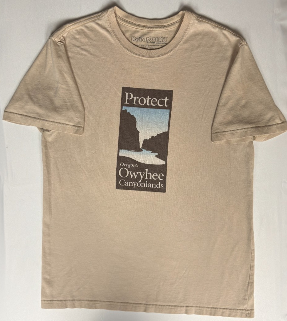 Patagonia Owyhee Canyonlands TShirt Size M Organic Cotton Made in USA Tan Unisex gallery