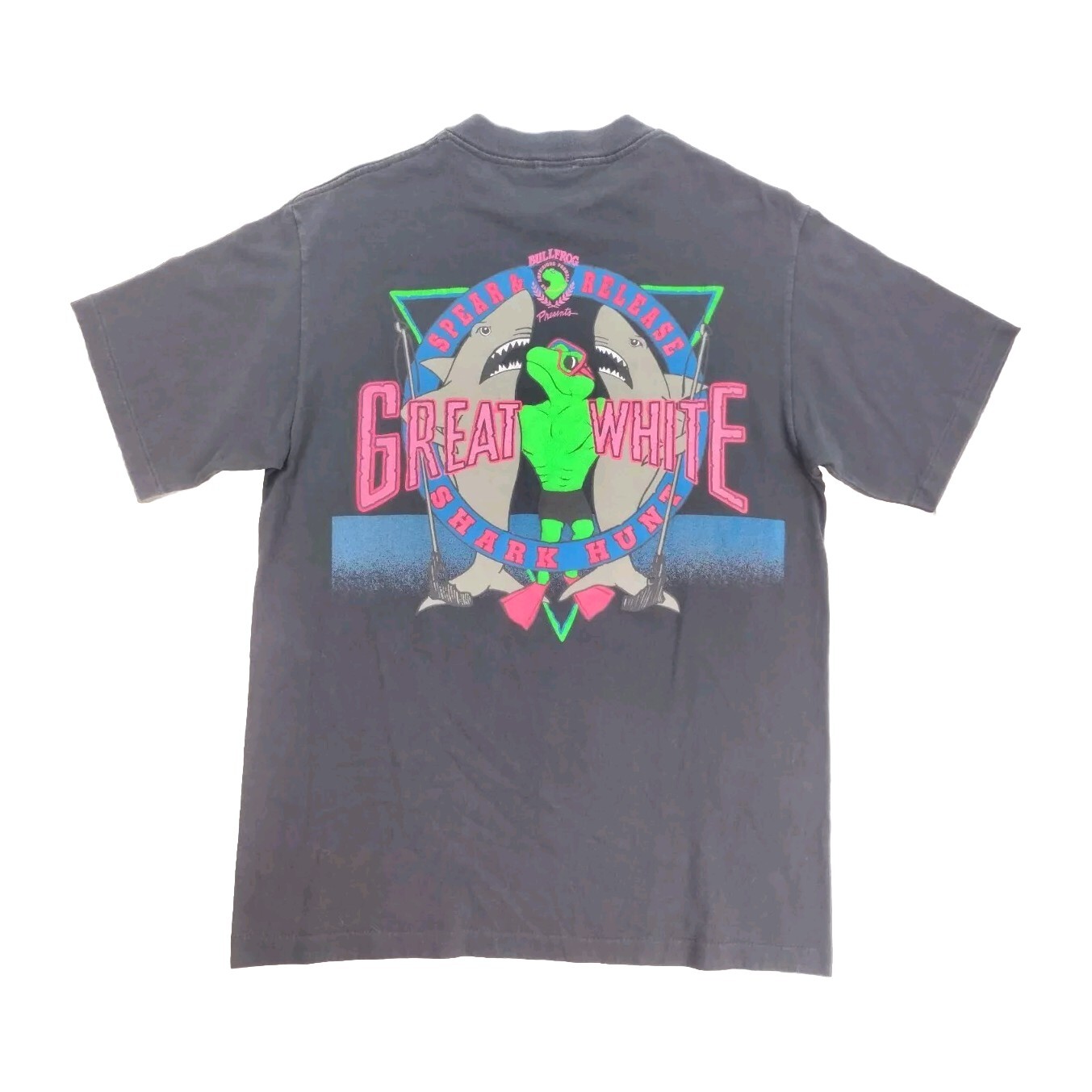 Vtg 90’s Bullfrog Amphibious Formula Sunblock Neon Shark Hunt Size Large T-Shirt gallery