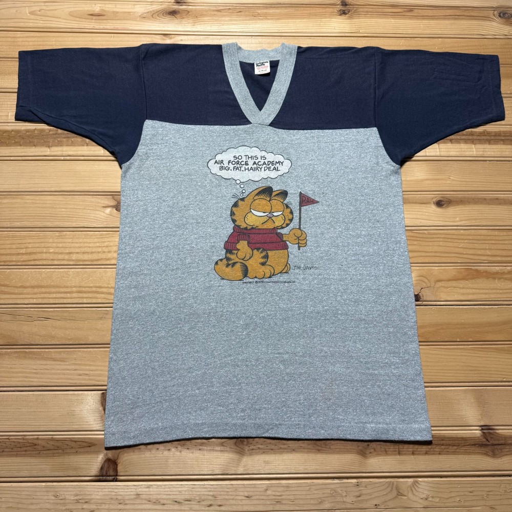Vintage 1978 Garfield Air Force Academy Cartoon Colorblock V-Neck T-Shirt Medium