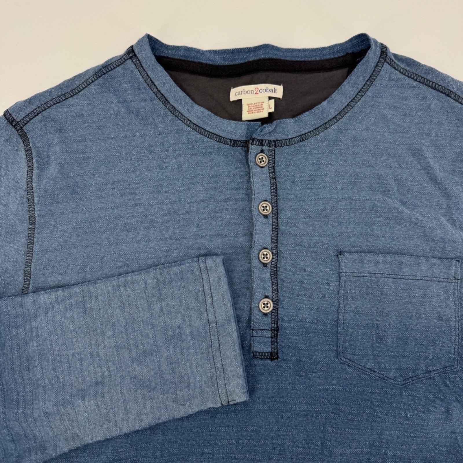 Carbon2Cobalt Mens Blue Ombre Textured Long Sleeve Henley Shirt Large Cotton gallery
