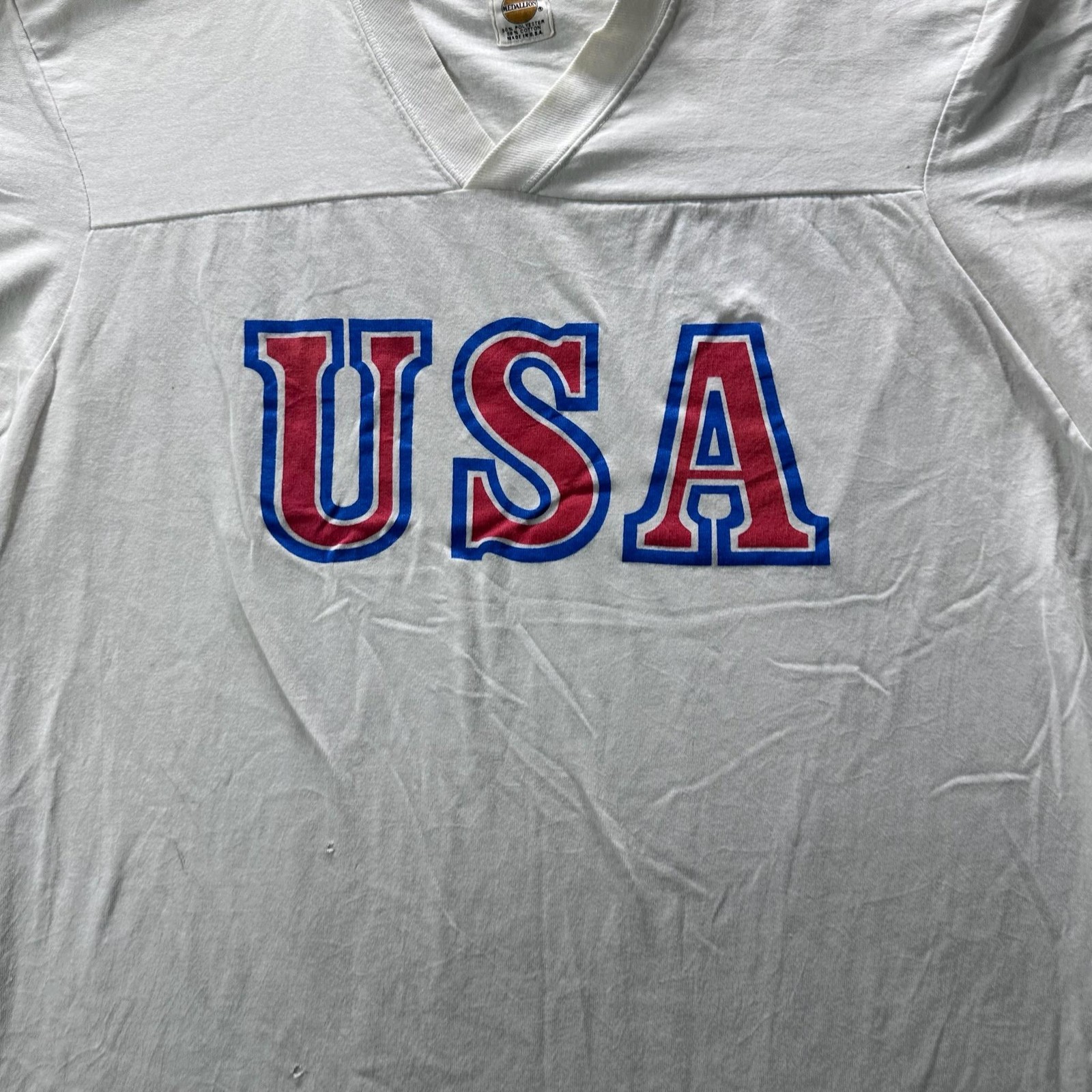 Vintage Medallion Shirt Mens XL White USA V-Neck 50/50 PolyCotton Graphic 90s gallery