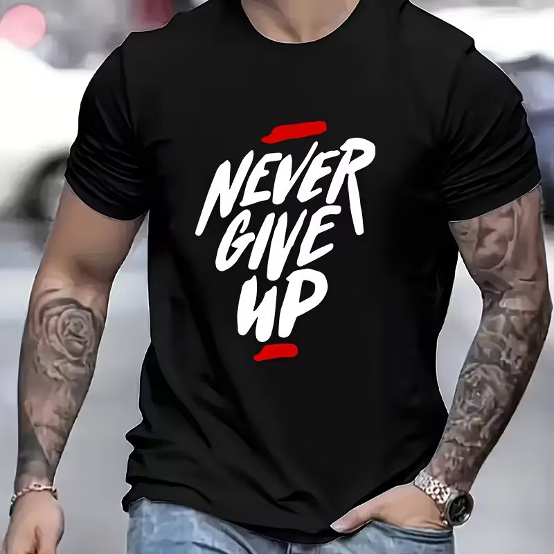Men's T-Shirt With Never Give Up Letter Print Casual Crew Neck Motivational Tee gallery