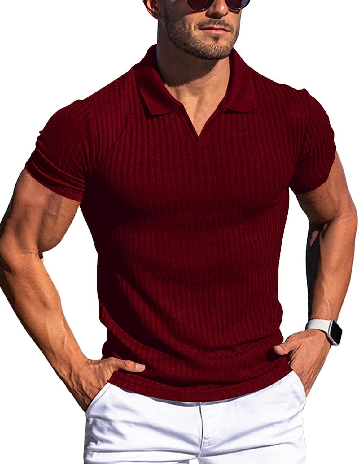 Men's V Neck Polo Shirts Slim Fit Short Sleeve T-Shirts Ribbed Knit Soft Tees gallery