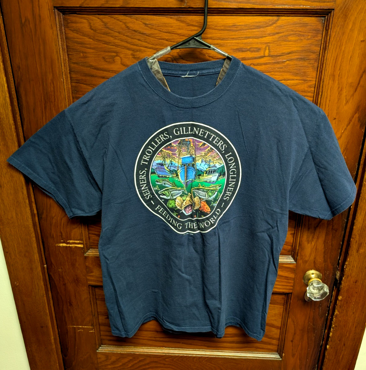 Vintage 2006 Y2K Ray Troll Graphic Tshirt Fishing Cartoon Boat Angler XL Navy