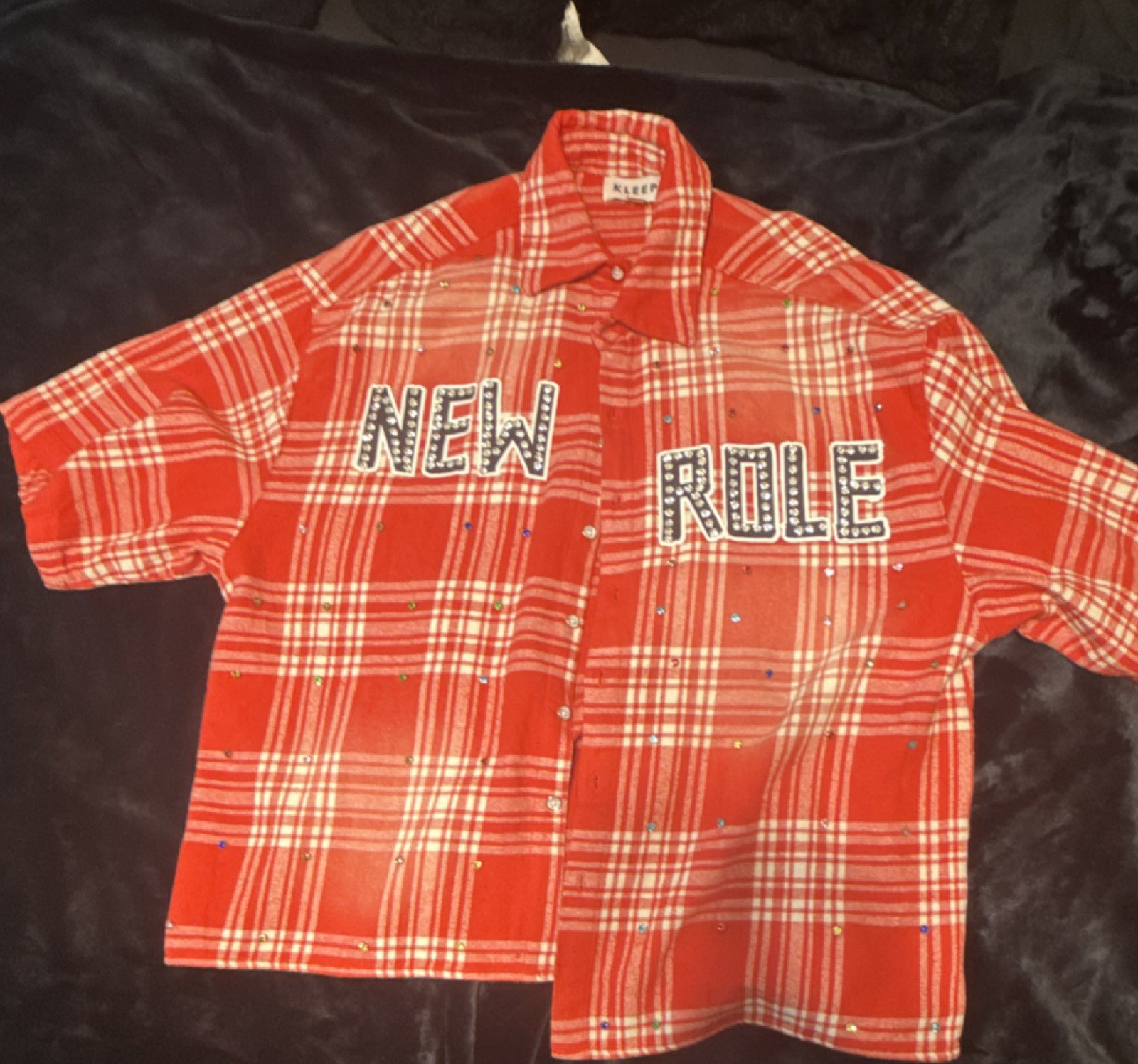KLEEP Red White Plaid Studded Button-Up Shirt Collared Short Sleeve Mens L