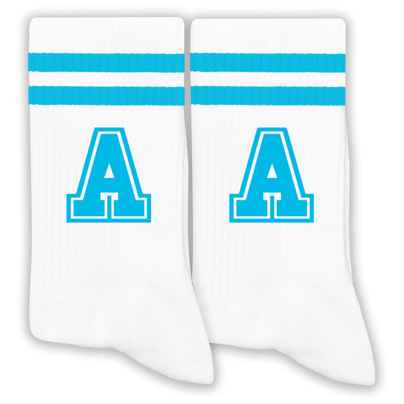 Sky Blue Initial Stripes Socks with Letter A, Retro Athletic Style Socks, Per…