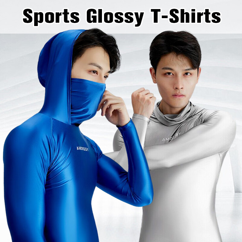 AMORESY Men Glossy Hooded T-shirt Sunscreen High Neck Long Sleeve Running Shirts gallery